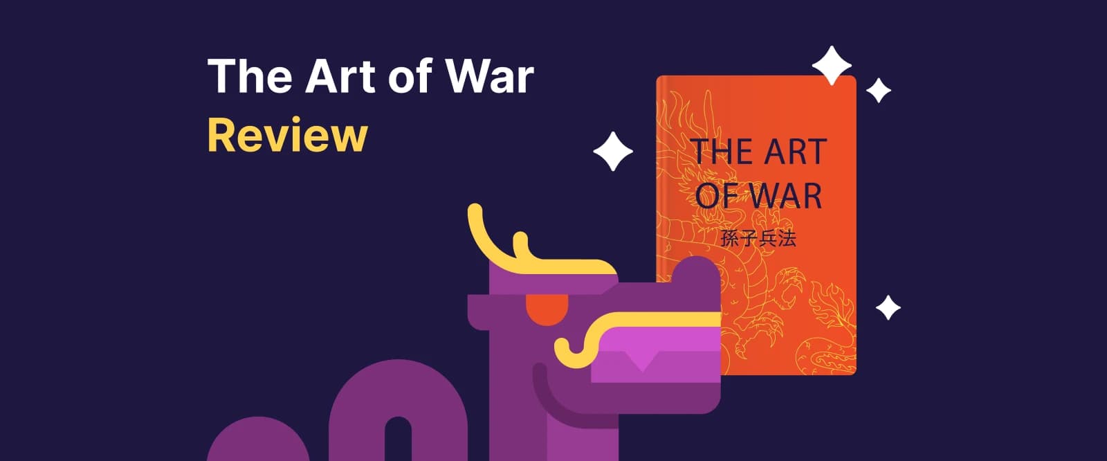 The art of war review Purple dragon holding the book The Art of War with sparkles around it
