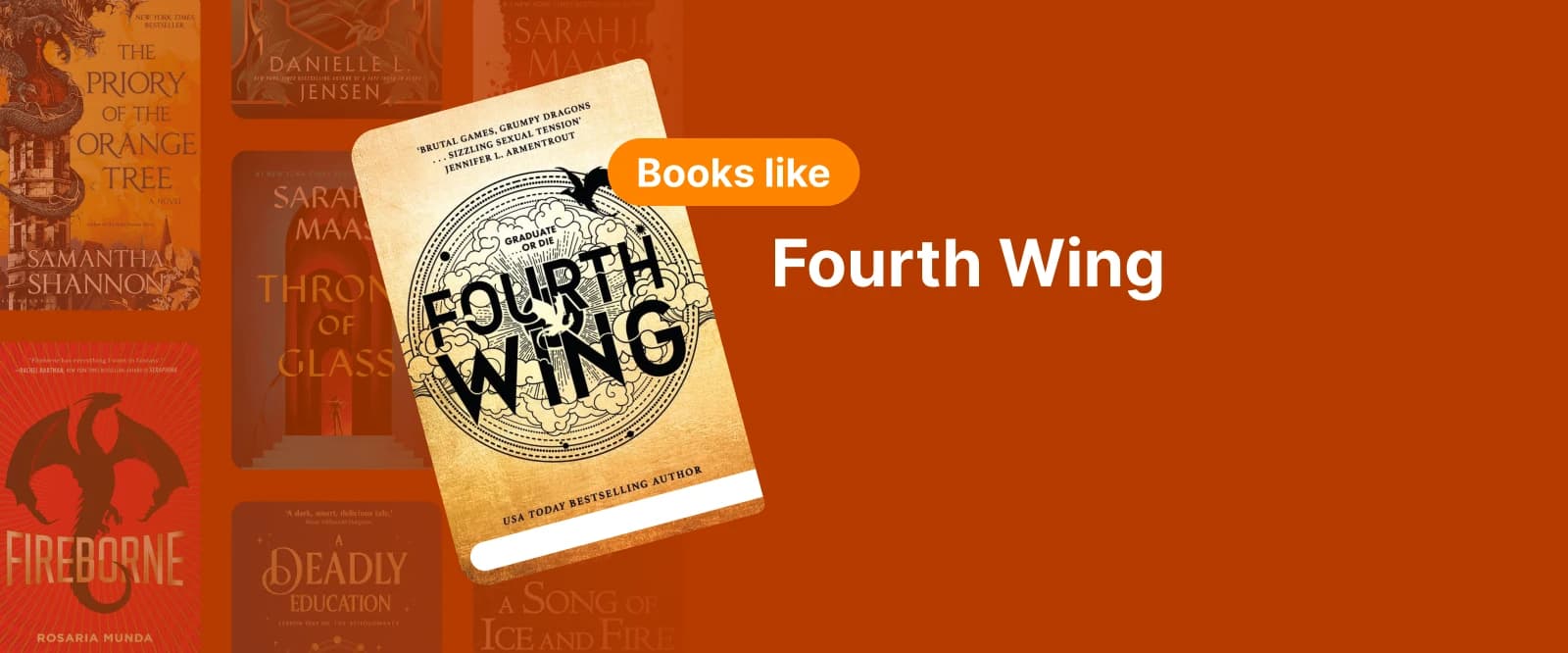 Book cover of Fourth Wing by Rebecca Yarros, symbolizing fantasy novels with strong, complex characters and magical worlds 1x