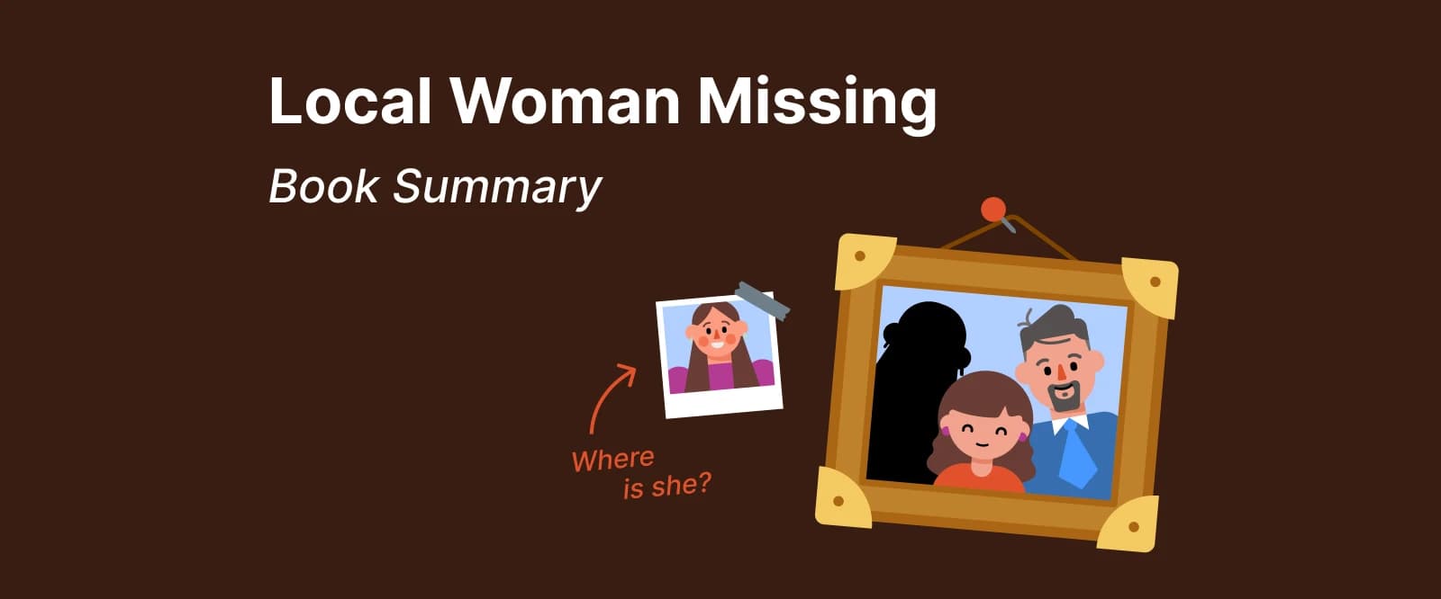 A photo frame with a missing woman’s picture, a shadowy figure in the background, and a question mark pointing to the woman’s image Below, a family photo with a man, woman, and child smiling, contrasx