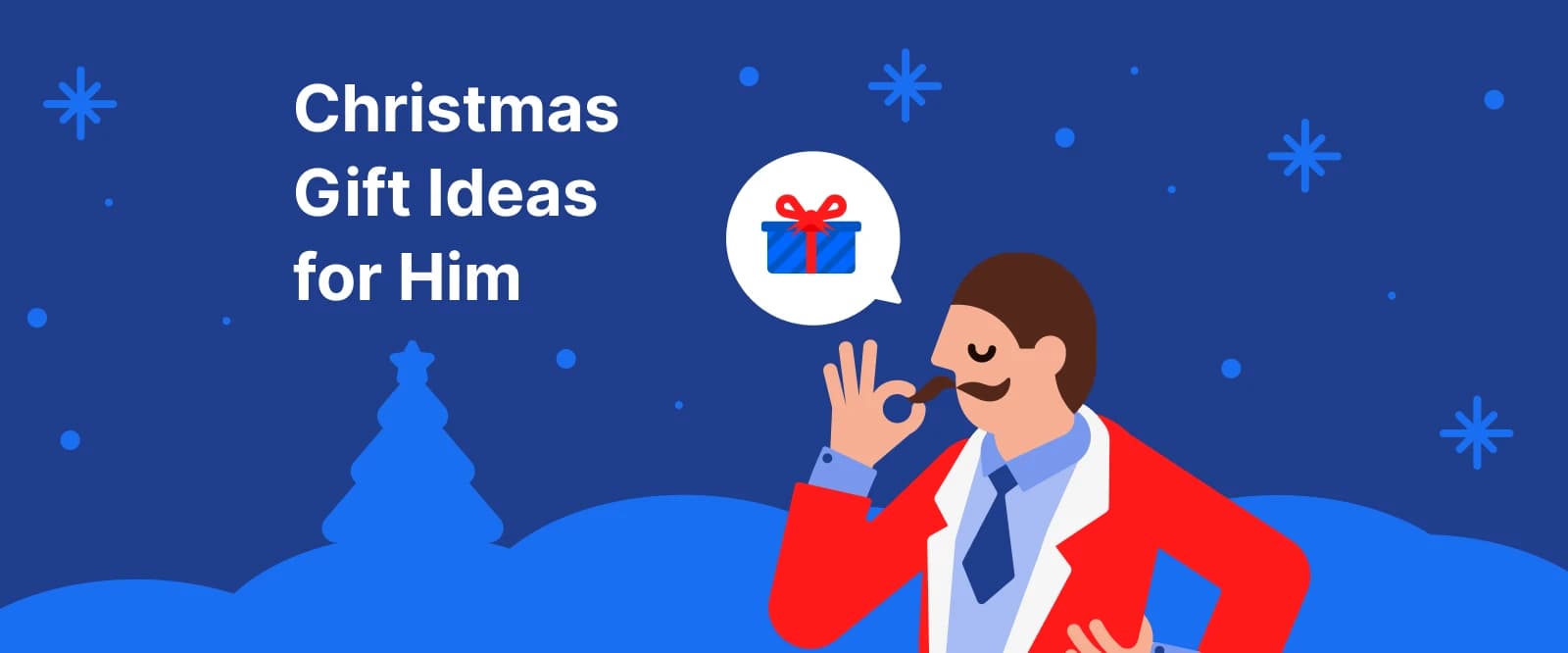 A man with a mustache in suit with snow at the background illustrating gifts for book lovers