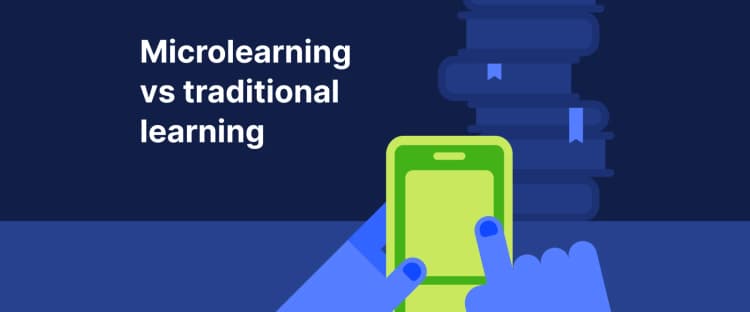 Microlearning vs traditional learning - A person holds smartphone with both hands, and there is a bunch of books with bookmarks on the background