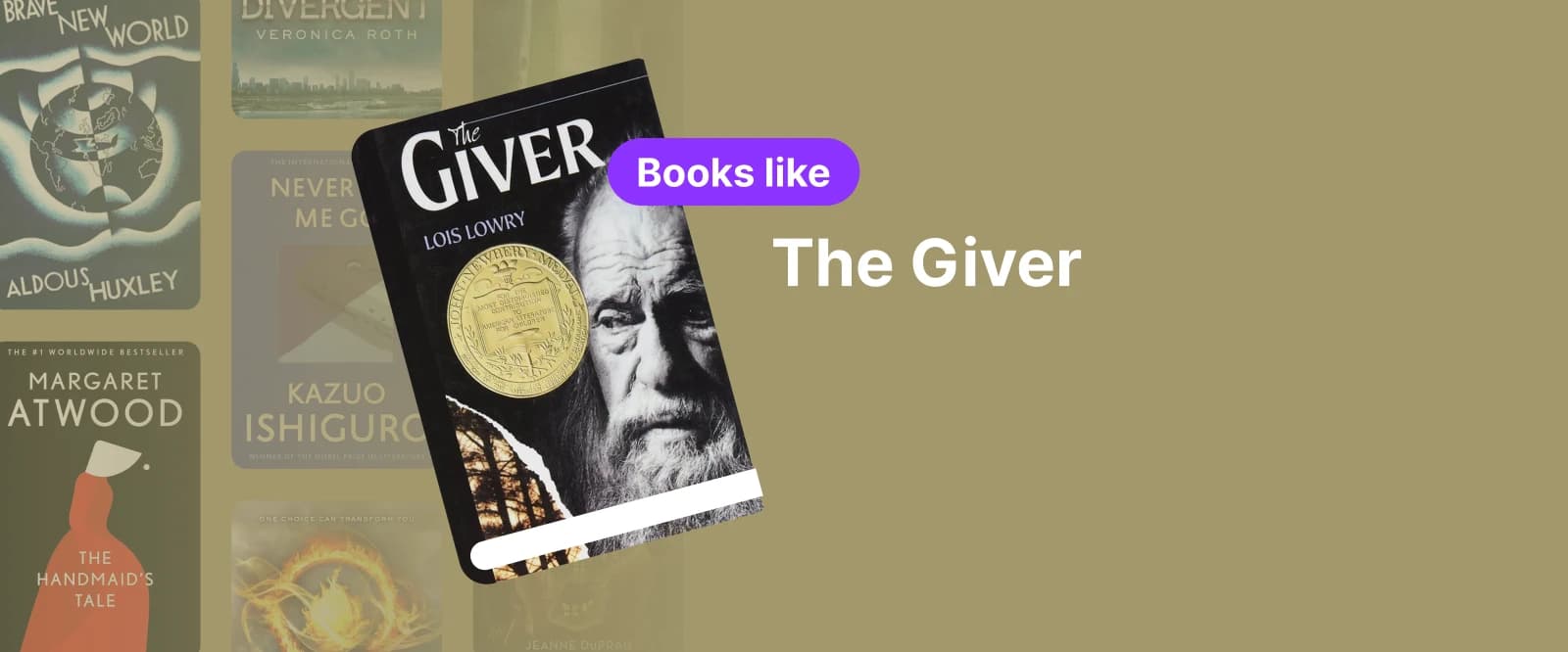 Book cover of The Giver by Lois Lowry with a thoughtful image of an elderly man and a gold medal