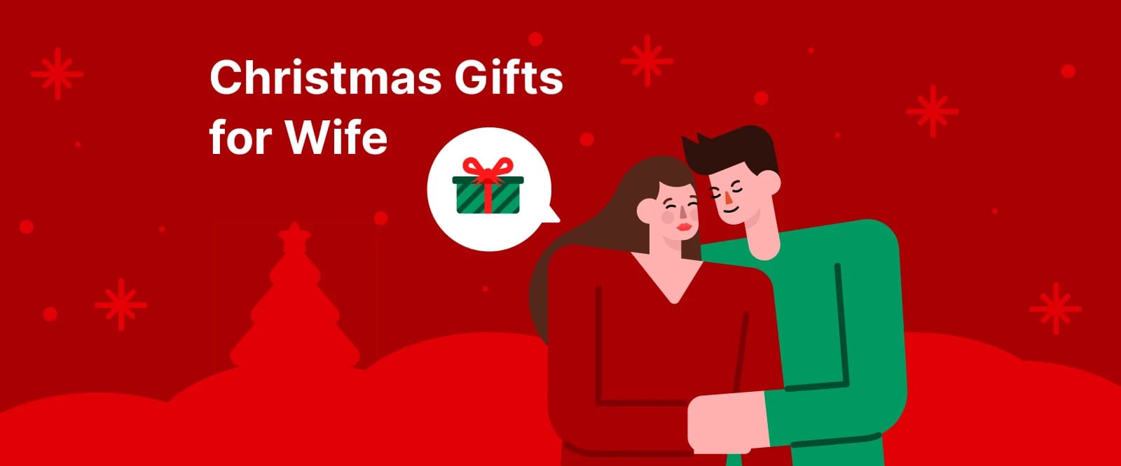 Couple embracing in red and green clothing, Christmas gifts for wife against red festive background