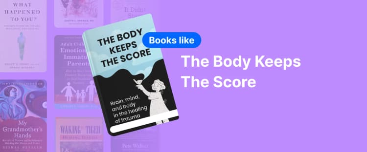 Book cover of "The Body Keeps The Score" by Bessel Van Der Kolk, featuring an illustration of a person with a cloud-like shape over their head, representing the mind-body connection in trauma healing 1x