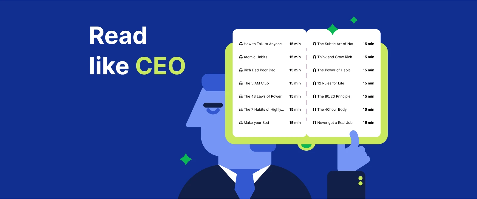 Read like CEO, Person in suit holding an open book displaying a list of audiobook titles