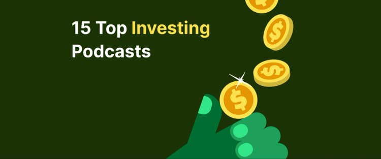 Illustration of a green hand catching golden coins on a dark green background with text “15 Top Investing Podcasts,” highlighting best investing podcasts