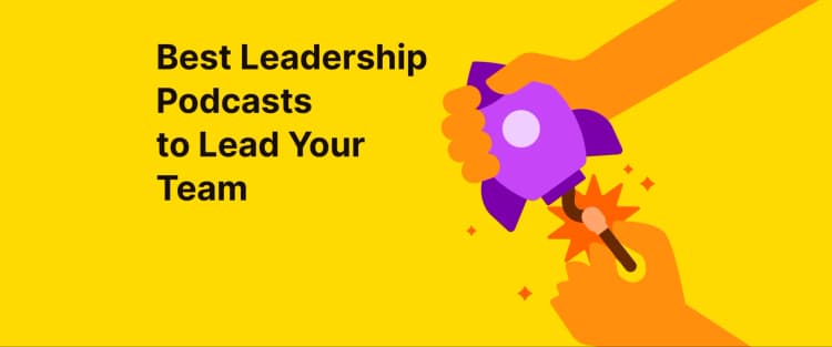 Hands holding a rocket with match lighting it on yellow background, promoting 21 Best Leadership Podcasts to inspire teams