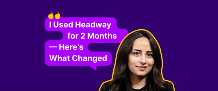Rahaf Sobh Headway review header with two-month experience testimonial on deep purple background with yellow profile outline