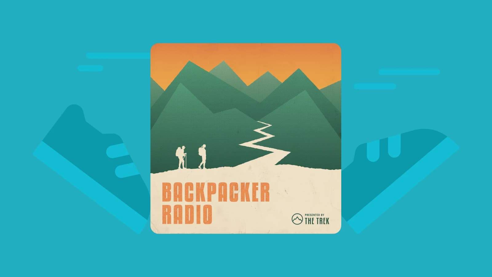 Cover art of “Backpacker Radio” podcast featuring orange sky, mountains, and hiking trail for adventure podcasts