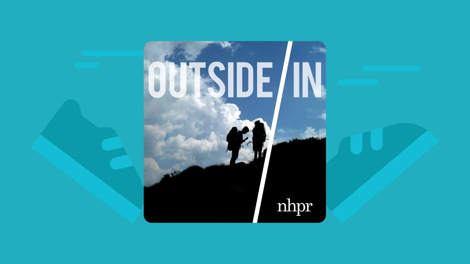 Cover art of “Outside In” podcast showing silhouettes on a snowy landscape with blue sky, representing an outside podcast