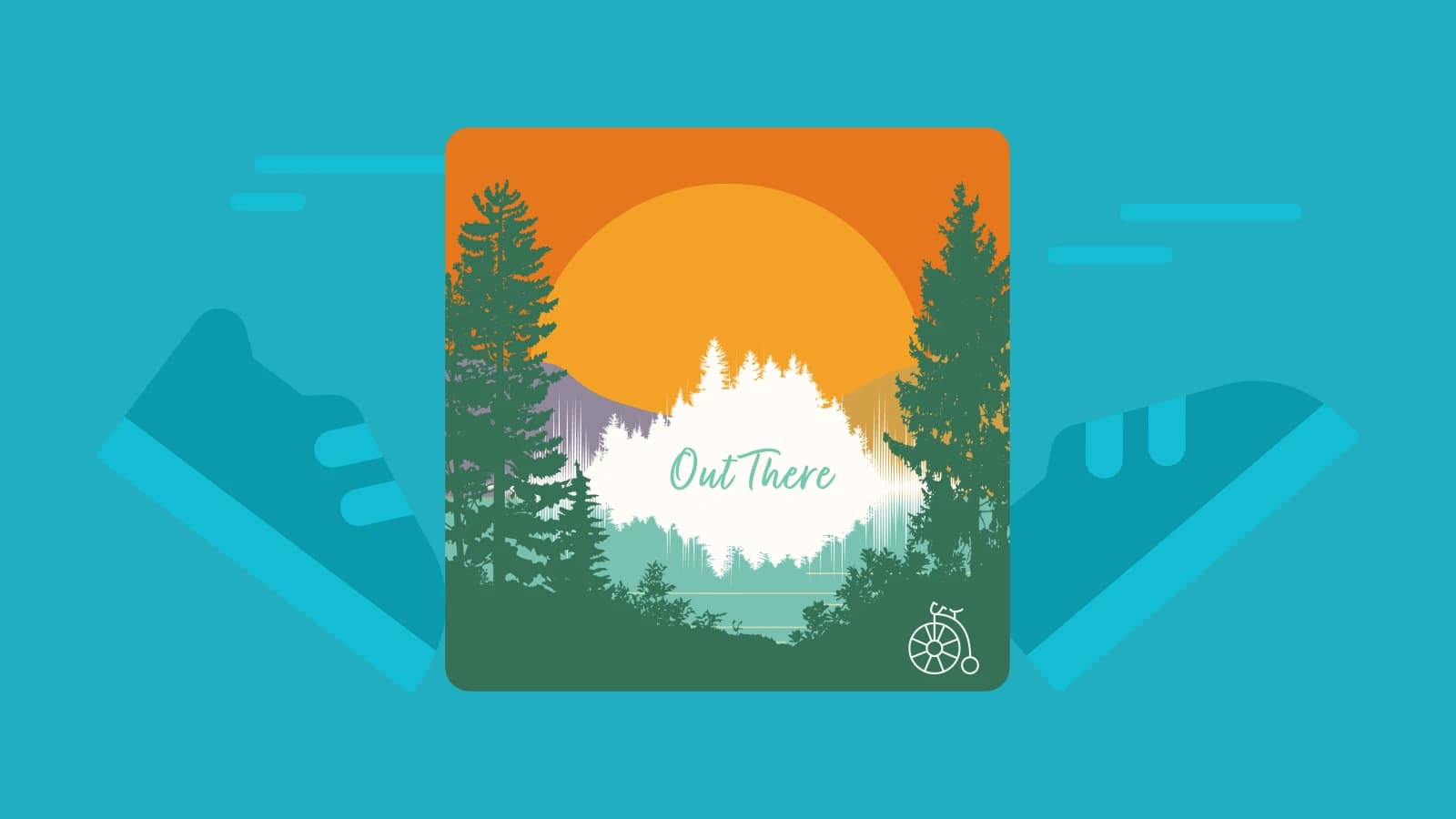 Cover art of “Out There” podcast showing forest and mountain landscape at sunset for outside podcast