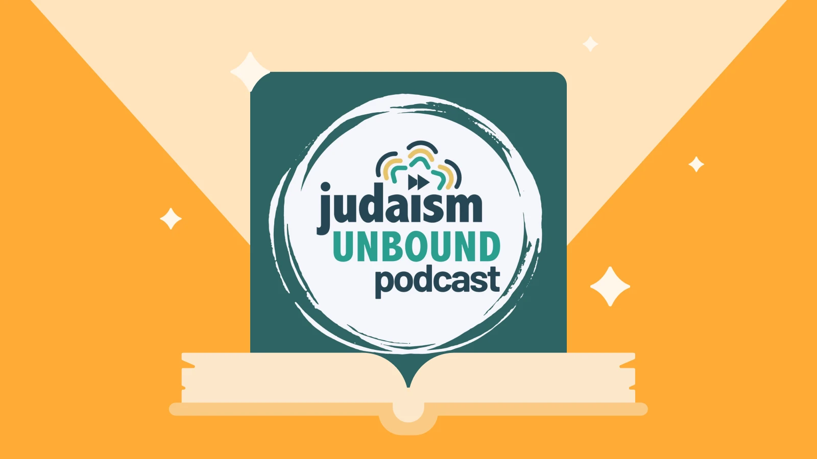Circular green logo for “Judaism Unbound” podcast featuring discussions on religion and god