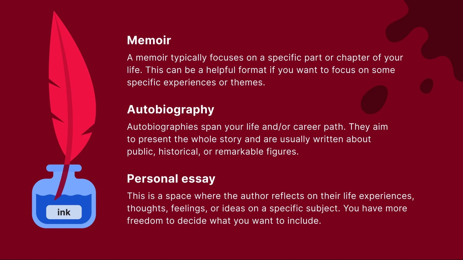 Personal story A quill in an inkwell on a background with ink stains