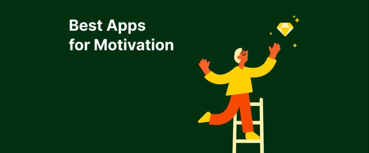 Cartoon figure on a ladder reaching for a sparkling diamond, symbolizing best motivation apps and self-improvement