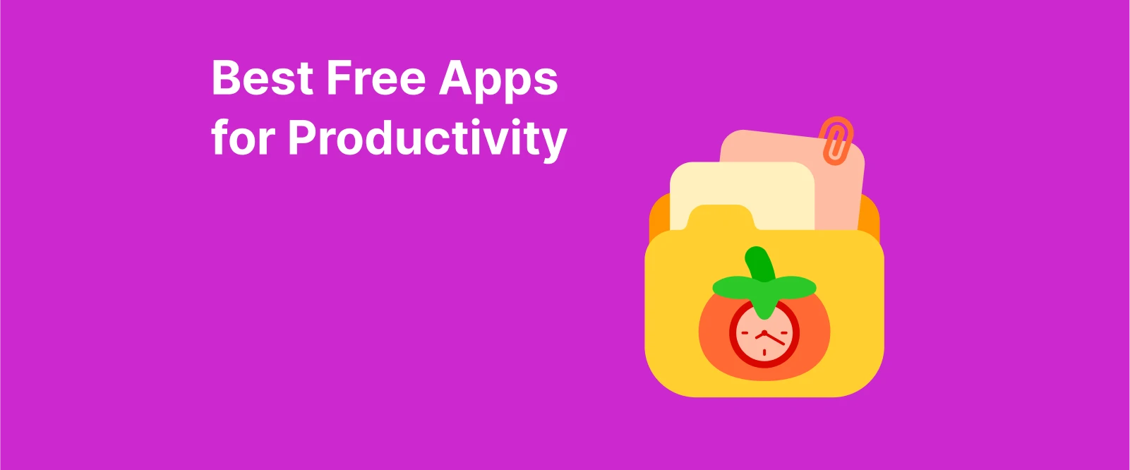 A folder with best free apps for productivity and a paper clip, and pomodoro timer