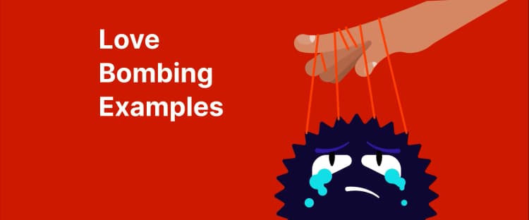 A hand controls a sad cartoon face like a puppet using red strings love bombing