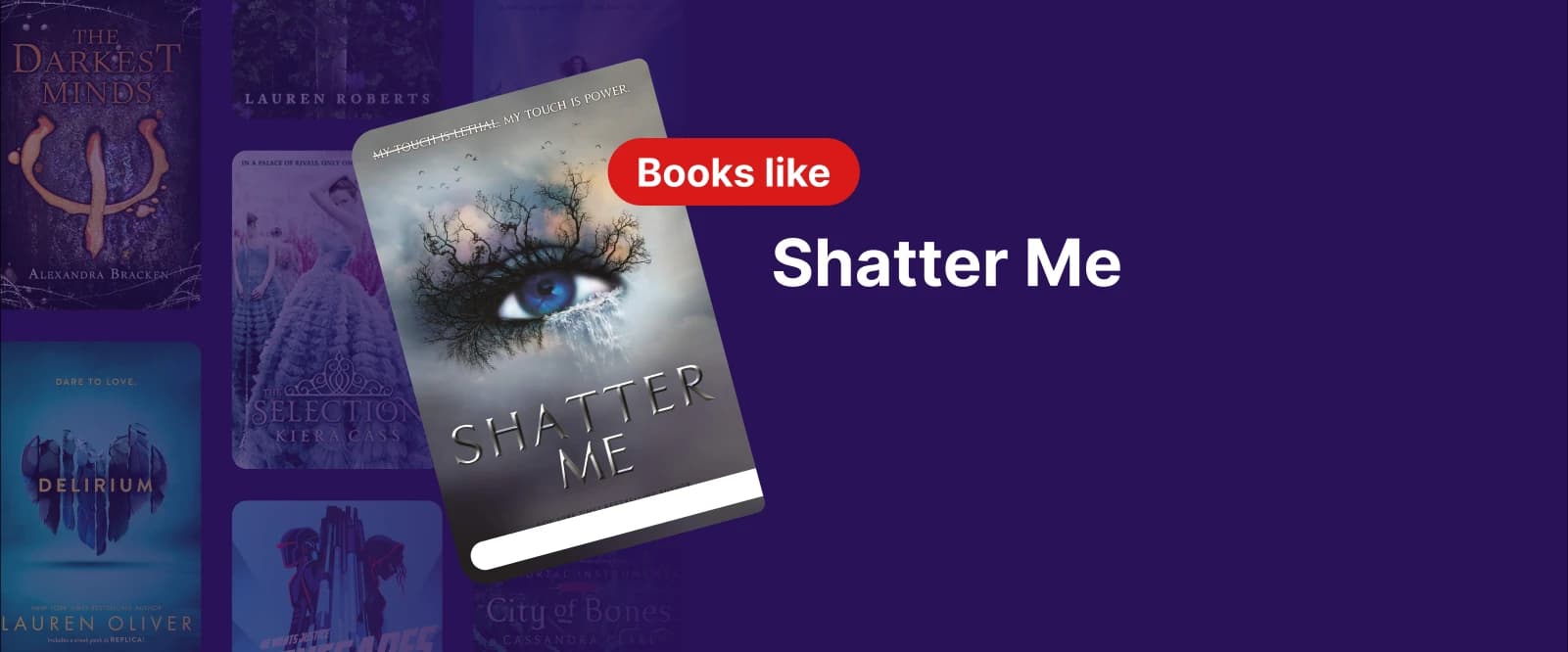 Book cover of Shatter Me by Tahereh Mafi with an illustrated eye design, symbolizing dystopian romance and power