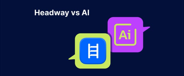 Illustration of two chat bubbles, one with the Headway logo and one with AI chip, under text _Headway vs AI_ on dark background