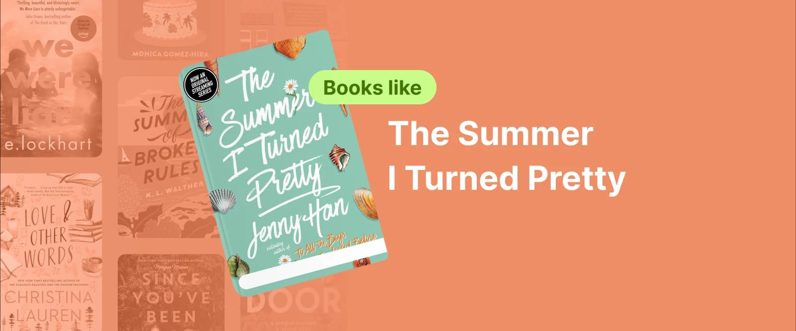 Book cover of the summer i turned pretty with shells and book covers at the background symbolizing books like the summer i turned pretty.webp Covers of since I've been gone, the summer of broken rules, love of other words on a bookshelf with a cartoon plant symbolizing similar books like the summer i turned pretty.webp