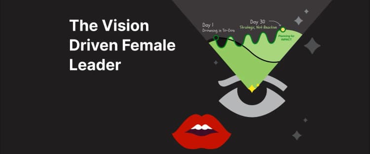 the vision driven female leader - Stylized eye and lips with a green beam showing a timeline from day 1 to day 30