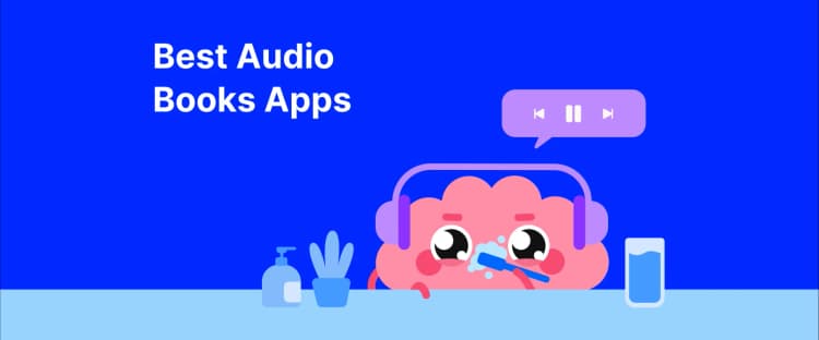 Cartoon brain with headphones listening on the best audiobook apps like Apple Books