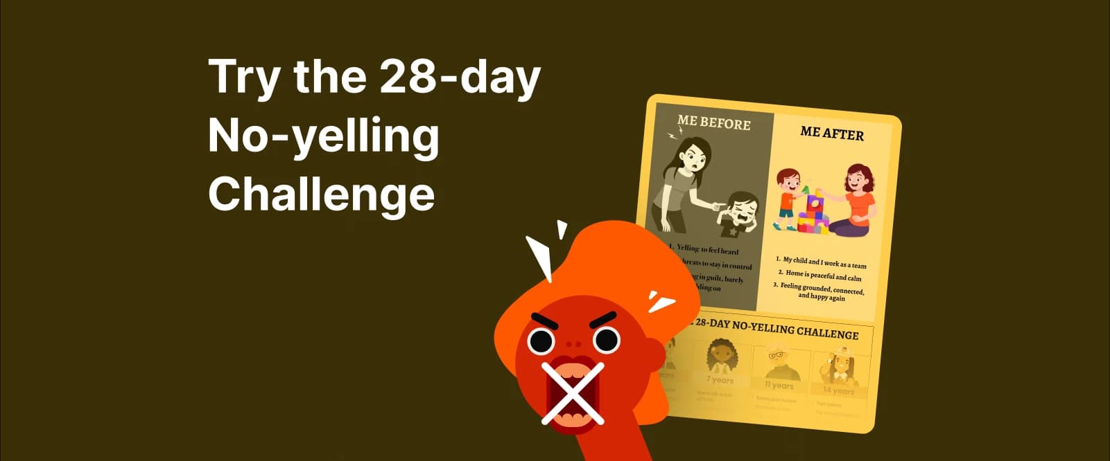 28-day no-yelling challenge - Cartoon woman with red hair screaming and holding a challenge flyer showing before-and-after parenting scenes