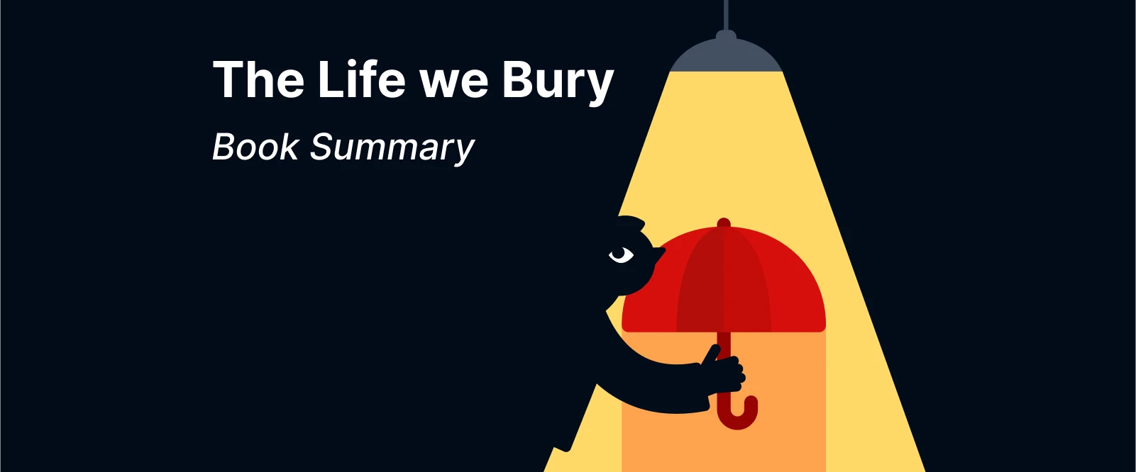 Cartoon figure holding red umbrella under spotlight, symbolizing The Life We Bury book review by Allen Eskens