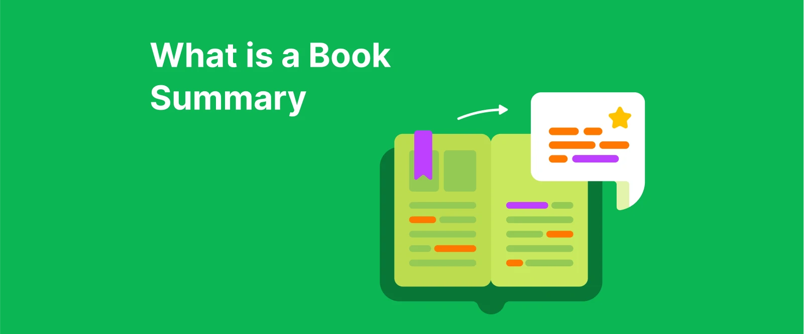 Open book with colorful highlights and a comment bubble, representing a book summary