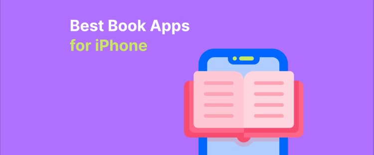 Open book with sparkles on purple background and text “Best Book Apps for iPhone,” promoting iOS book apps
