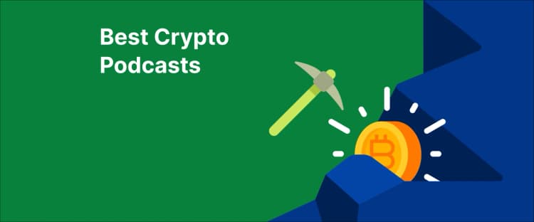 a shining Bitcoin coin being mined with a pickaxe against a green and blue background, symbolizing best crypto podcasts