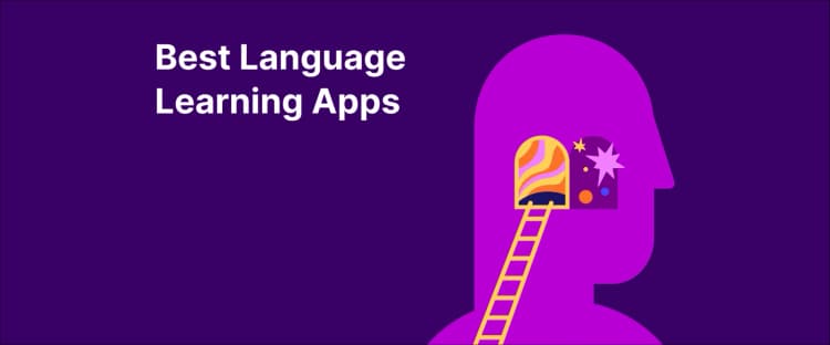 A stylized purple head silhouette with a colorful, starry window and a ladder, symbolizing growth and exploration in language learning apps