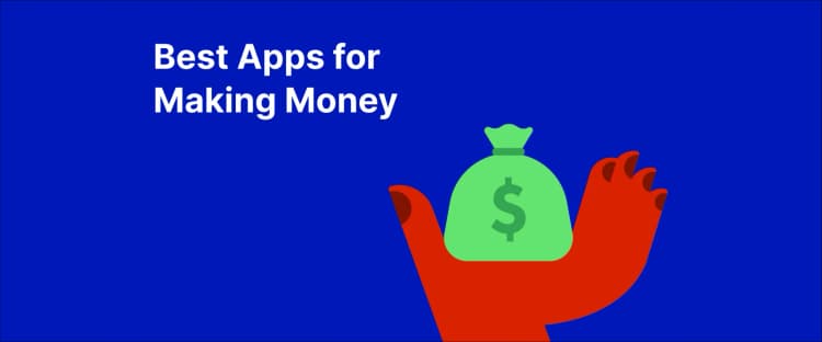 A red hand holding a money bag with a dollar sign, sparkling around it, symbolising best apps for making money