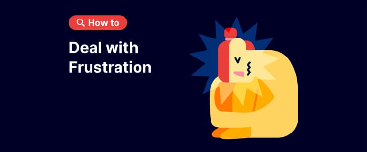 How to Deal with Frustration Cartoon character with a distressed face curled up with arms around knees and a red explosion shape behind