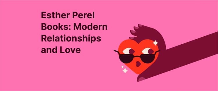 Esther Perel Books A red heart with eyes and black sunglasses is held by a hand against a pink background, sparkling with charm
