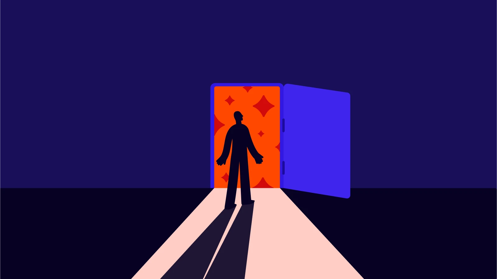 Man needs - Silhouette of man walking through a glowing door into a starry room