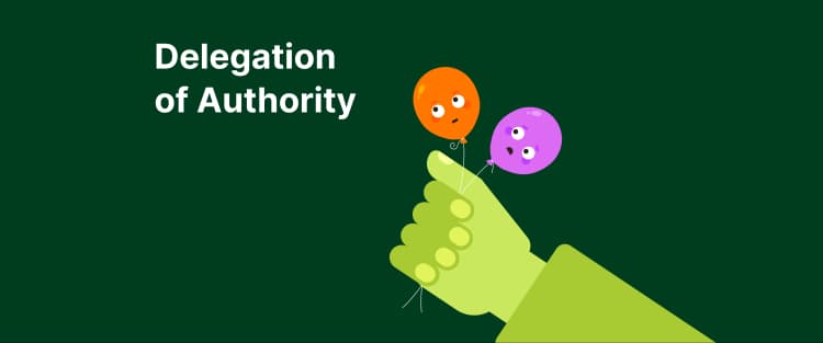 Delegation of authority: a hand holds two colorful balloons with scared face expressions