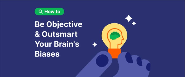 How to be objective: A huge hand holds a lightbulb with person and brain silouette