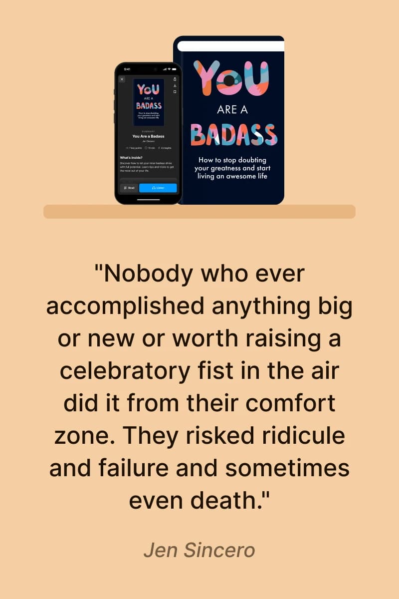one day at a time Book “You Are a Badass” with quote by Jen Sincero about stepping outside comfort zones and taking risks